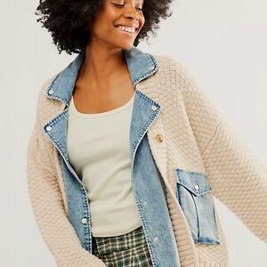 Altr’d State Cozy Beige Knit Cardigan with Denim Trim
